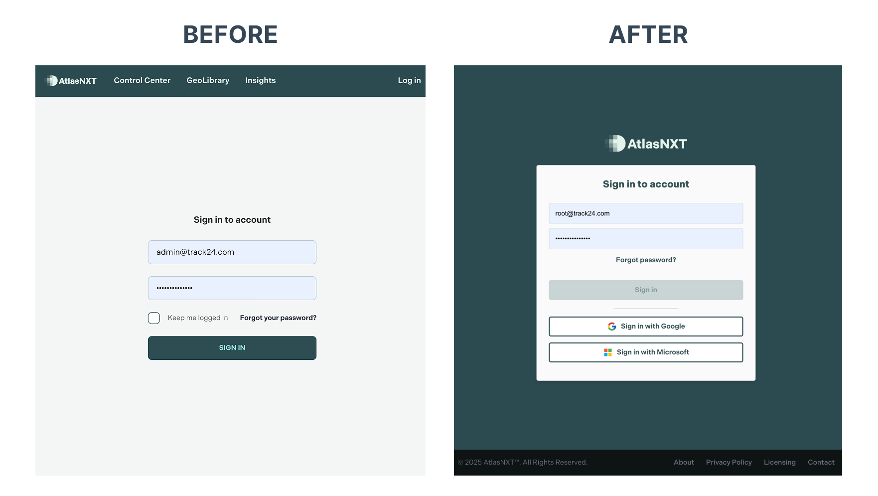 AtlasNXT login page before and after re-design